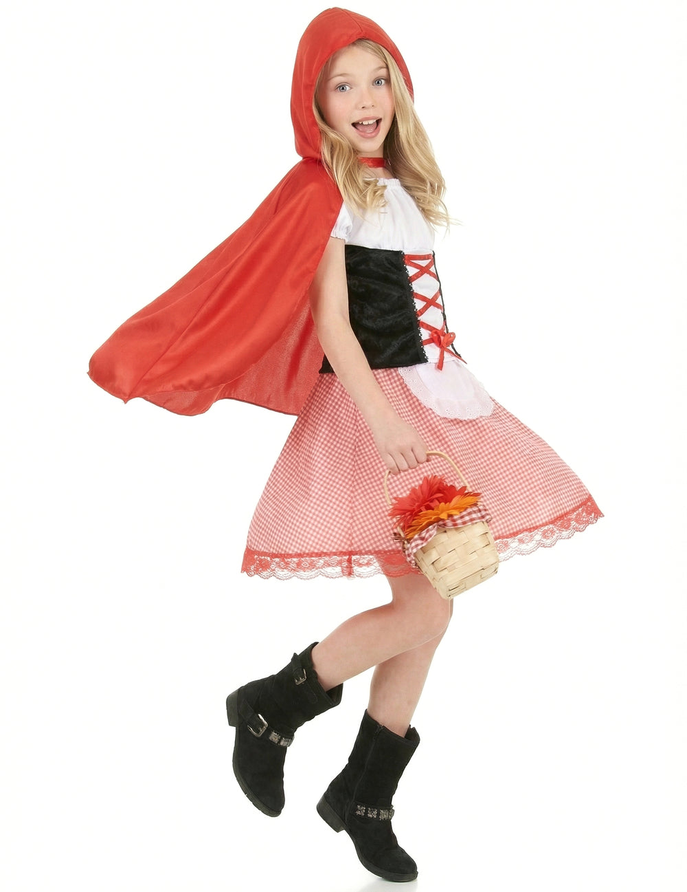 Vue de profil du déguisement de chaperon rouge basique pour fille
