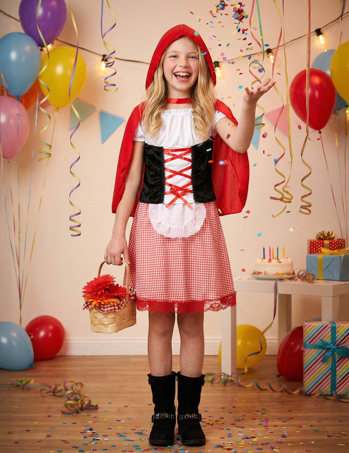 Mise en situation avec jet de confettis du déguisement de chaperon rouge basique
