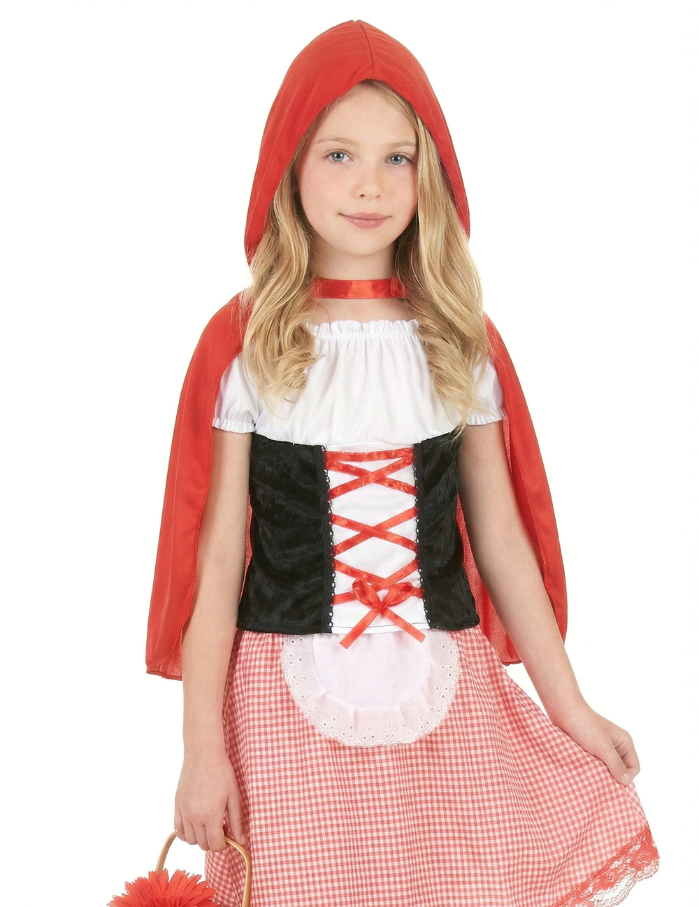 Gros plan sur le bustier et la capuche du déguisement de chaperon rouge basique
