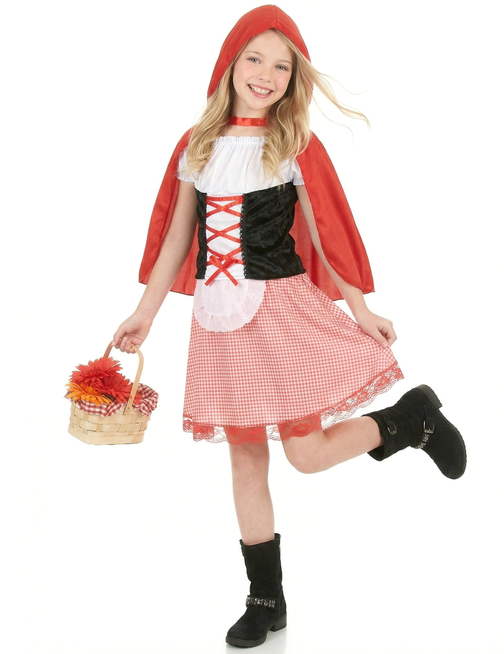 Vue d'ensemble de face du déguisement de chaperon rouge basique pour fille