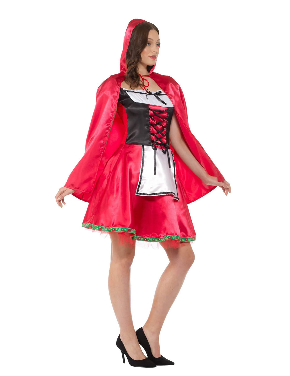 Vista de perfil do disfarce clássico capuchinho vermelho para mulher