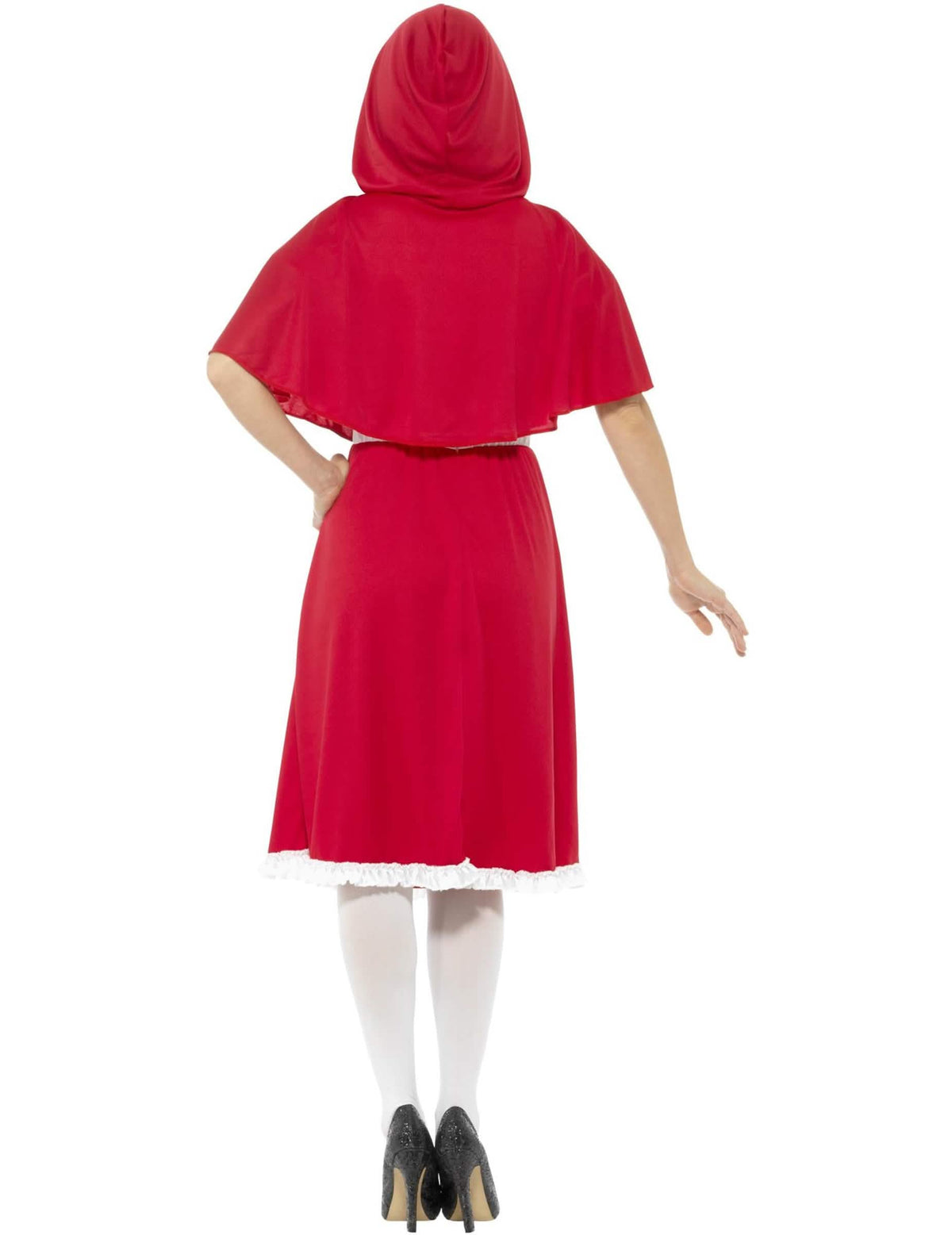 Vista de trás do fato de capuchinho vermelho de conto