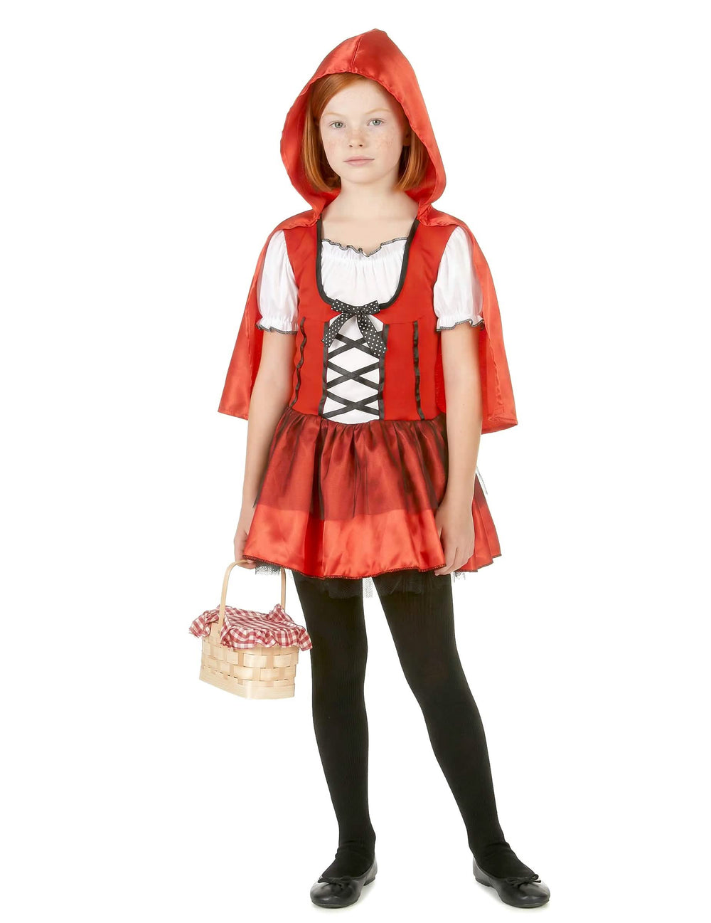 Vista frontal da fantasia de capuchinho vermelho para menina