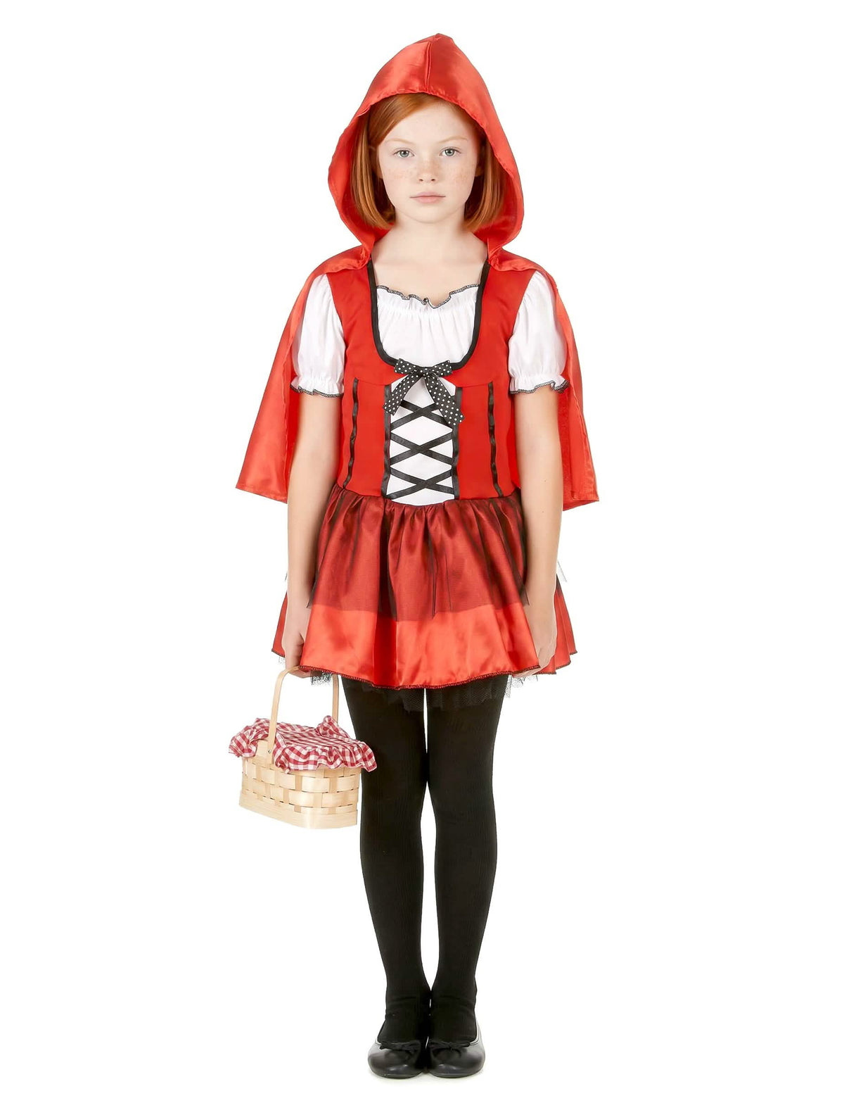 Vista de corpo inteiro do fato de capuchinho vermelho para menina