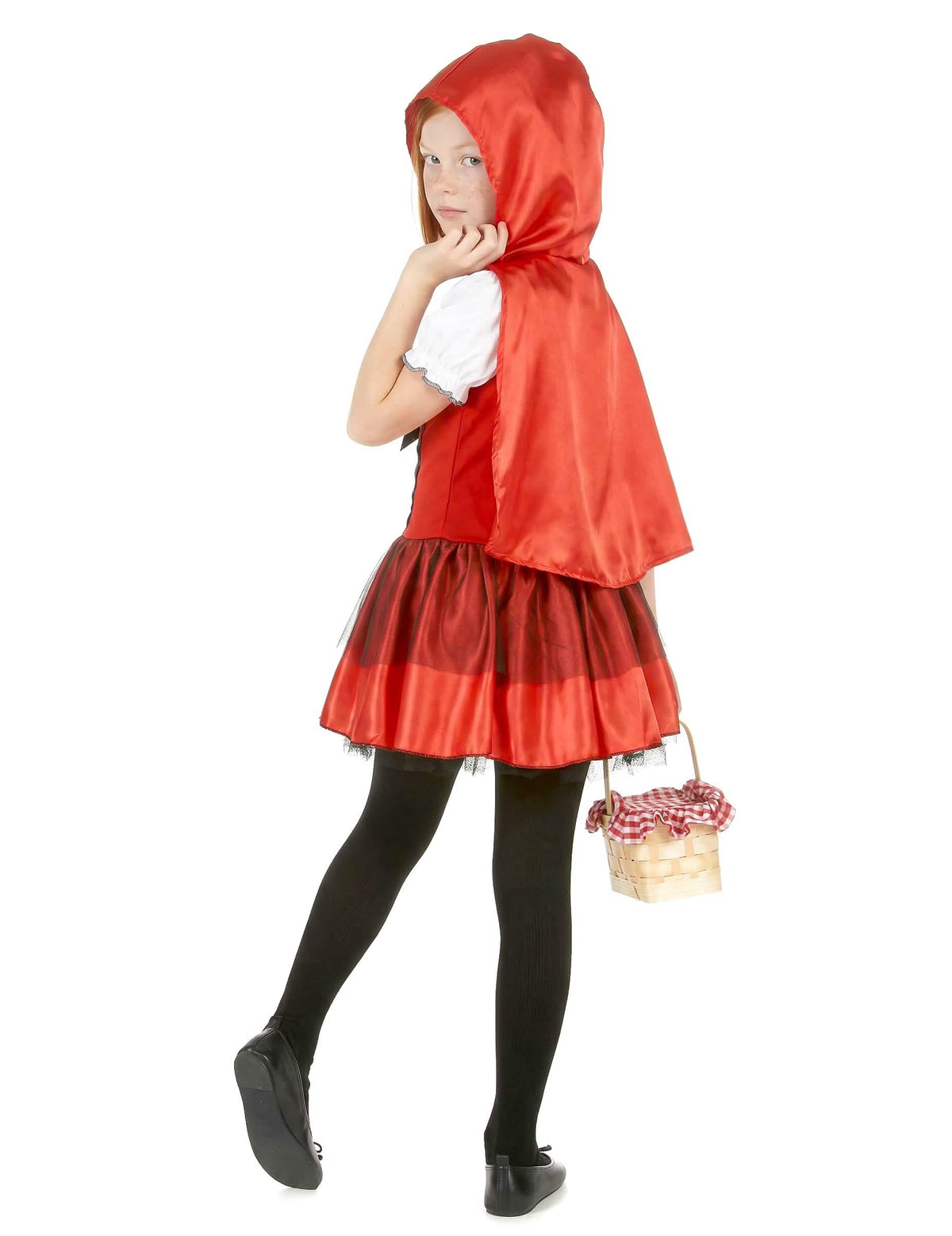 Vista de trás do disfarce de capuchinho vermelho para menina