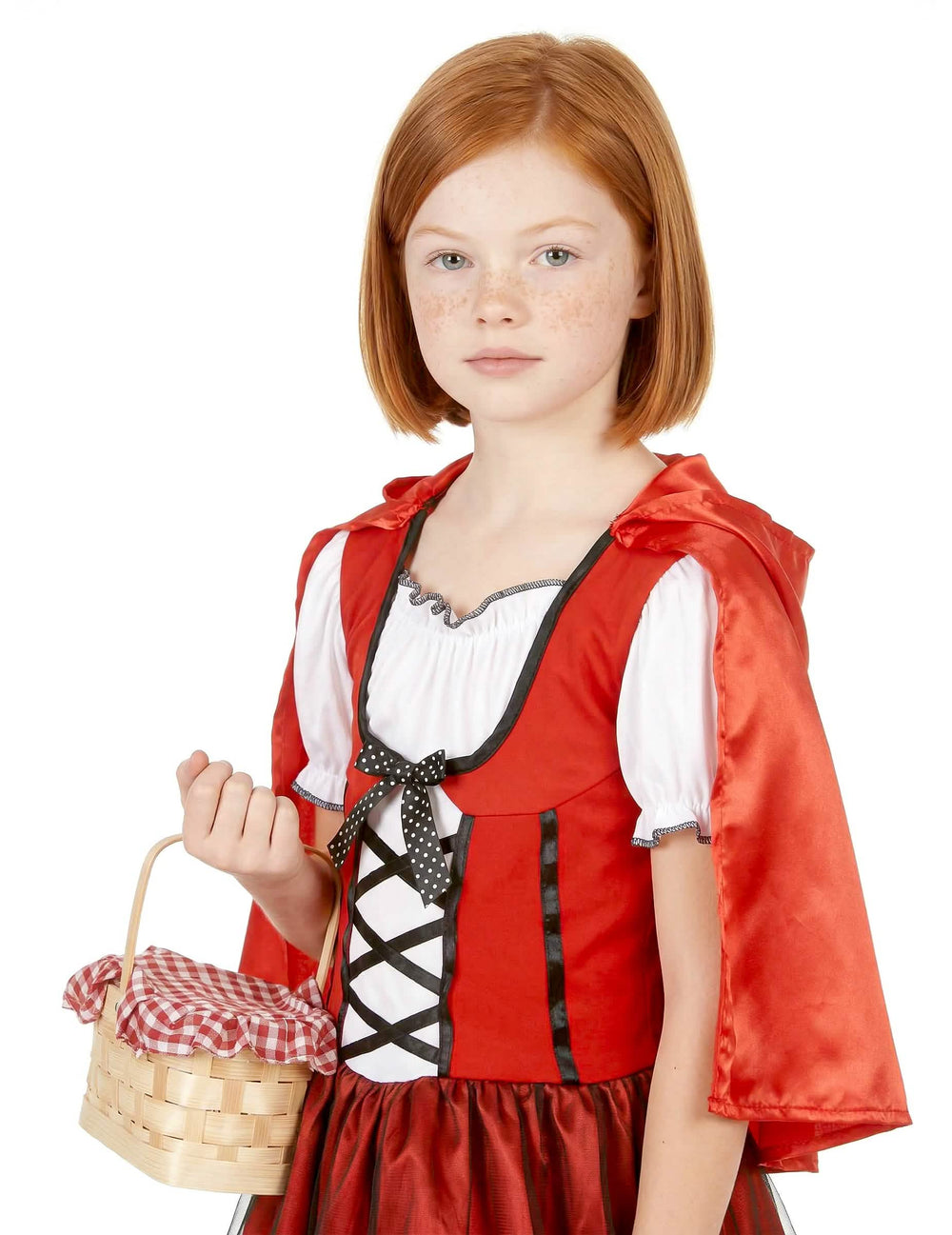 Detalhe do busto e do cesto do disfarce de capuchinho vermelho para menina