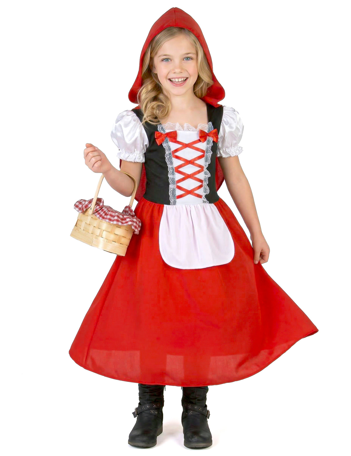 Déguisement Chaperon rouge long pour fille rouge et blanc avec cape à capuche