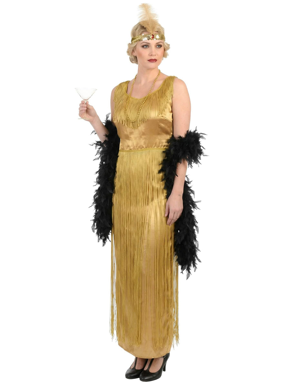 Fato charleston, anos 20 para mulher dourado com franjas