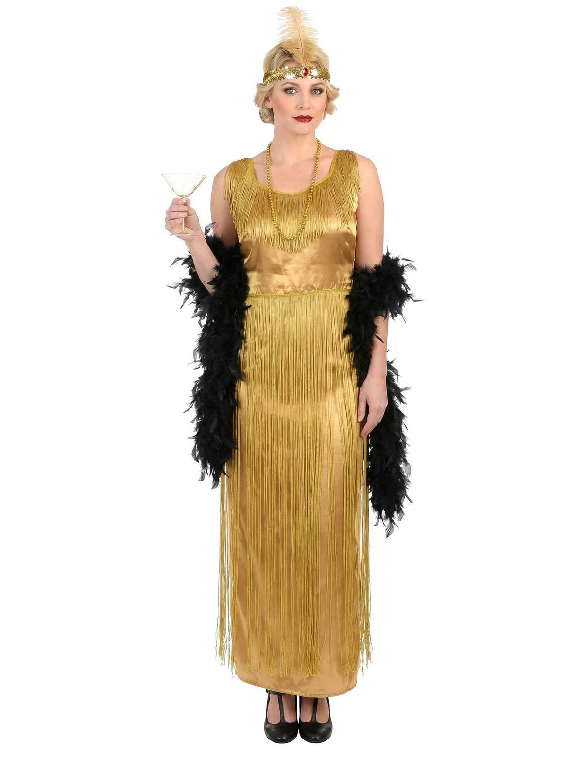 Vista frontal da fantasia charleston, anos 20 para mulher dourado com franjas