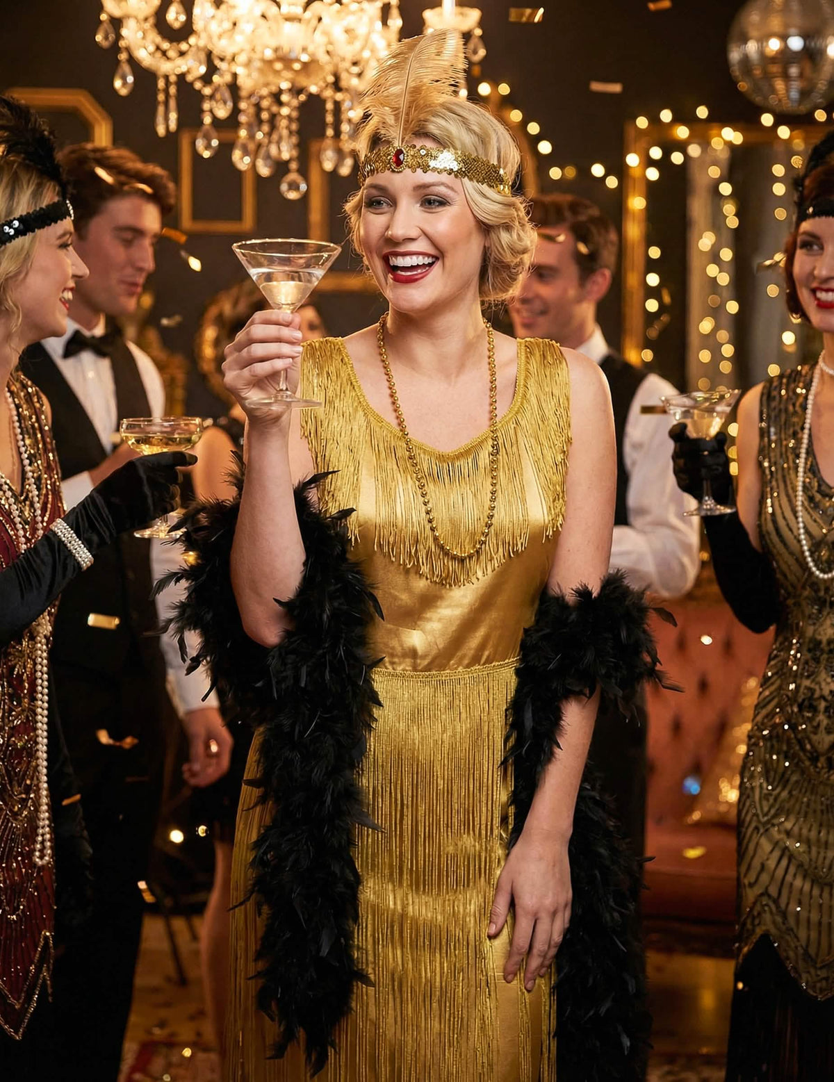 Situação festiva do disfarce charleston, anos 20 para mulher dourado com franjas