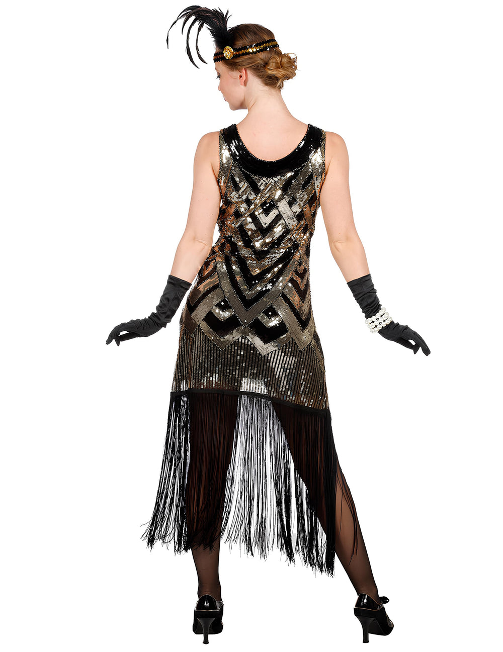 Vue de dos et détails des franges du déguisement Charleston pour femme noir et doré à sequins luxe