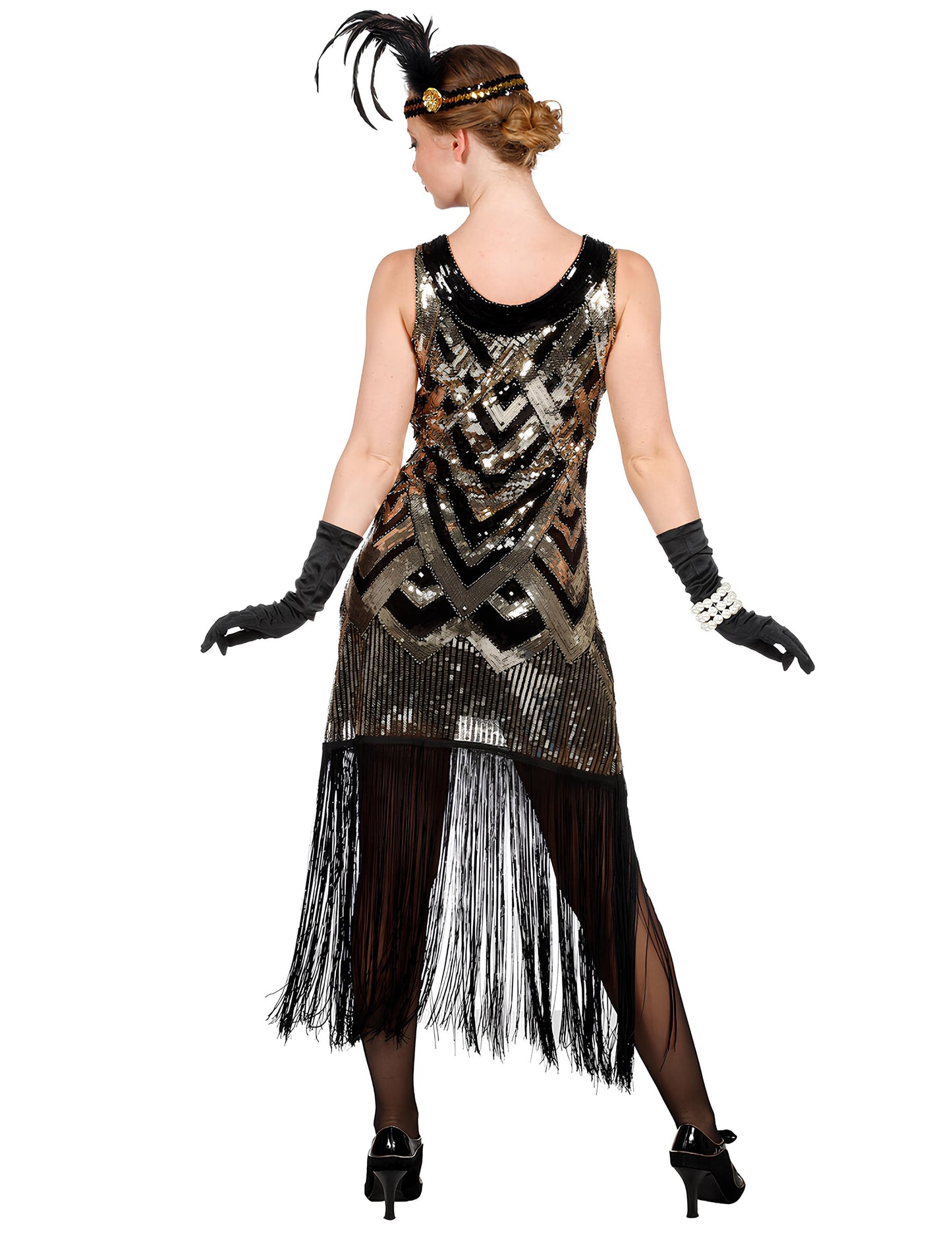 Vue de dos et détails des franges du déguisement Charleston pour femme noir et doré à sequins luxe