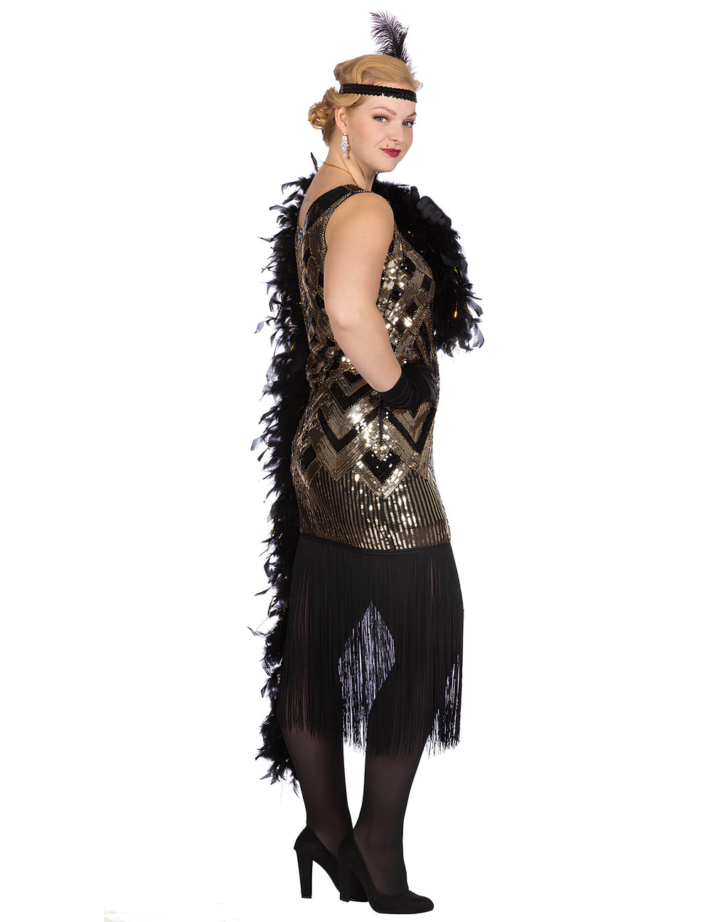 Vue de profil du déguisement Charleston pour femme noir et doré à sequins luxe