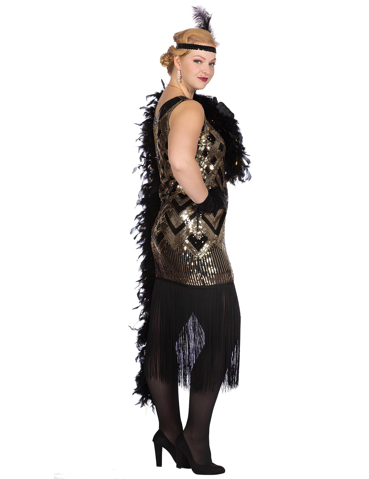 Vue de profil du déguisement Charleston pour femme noir et doré à sequins luxe