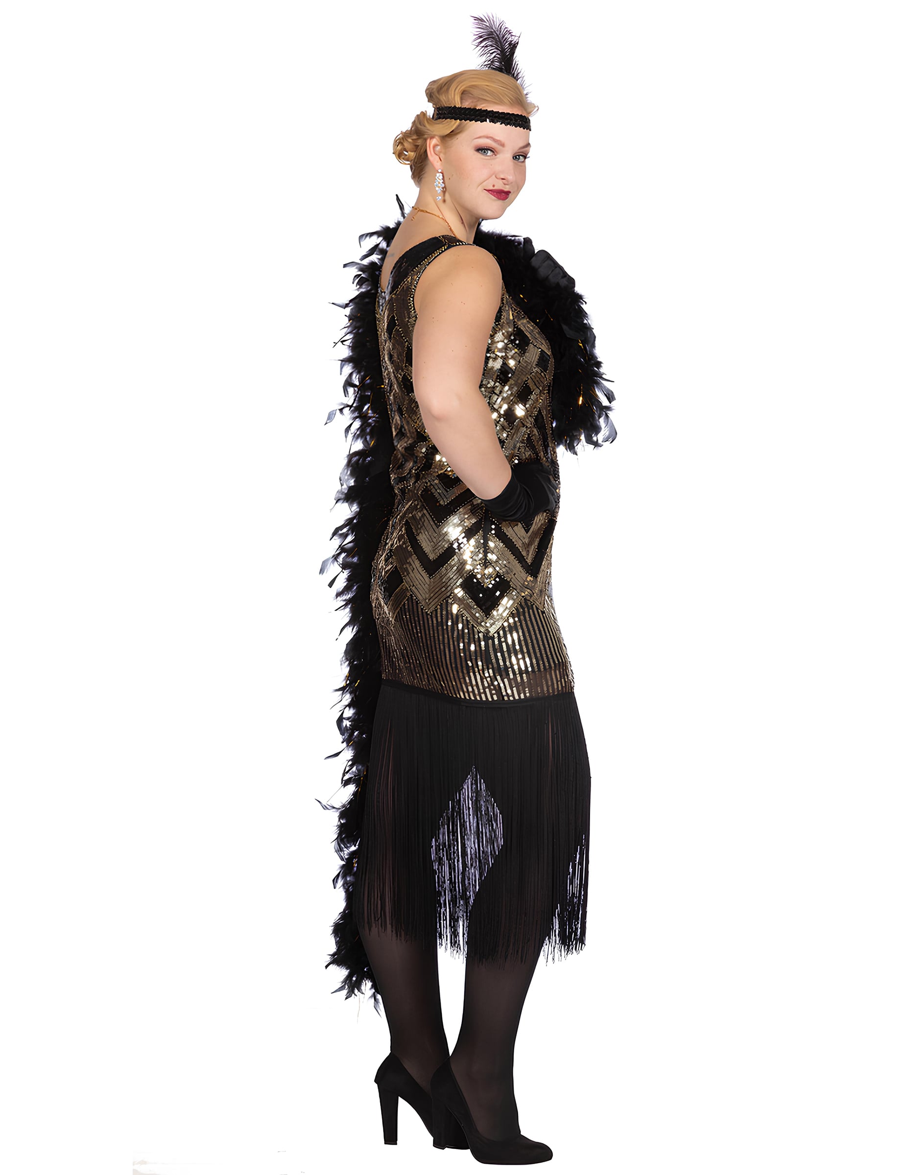 Vue de profil du déguisement Charleston pour femme noir et doré à sequins luxe