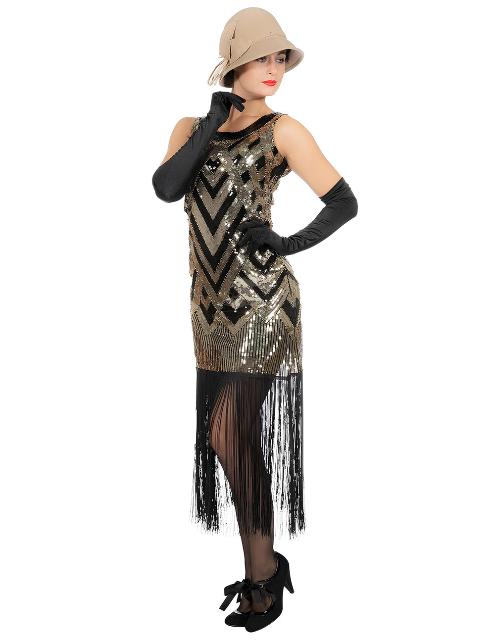 Vue de trois-quarts du déguisement Charleston pour femme noir et doré à sequins luxe