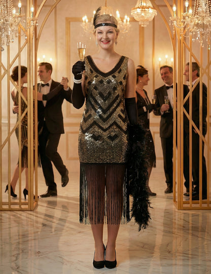 Déguisement Charleston pour femme noir et doré à sequins luxe