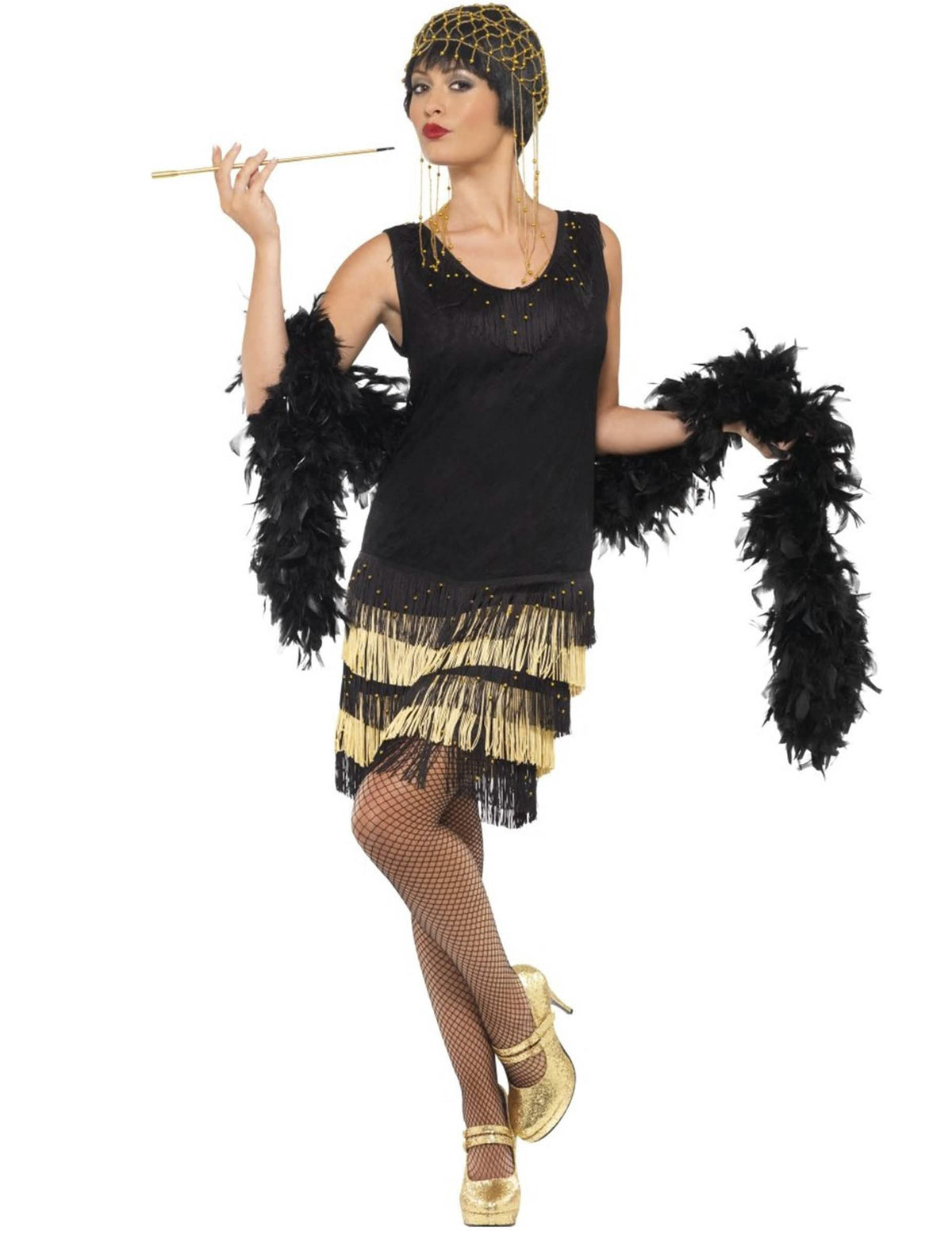 Fato charleston, anos 20 para mulher preto e dourado com franjas
