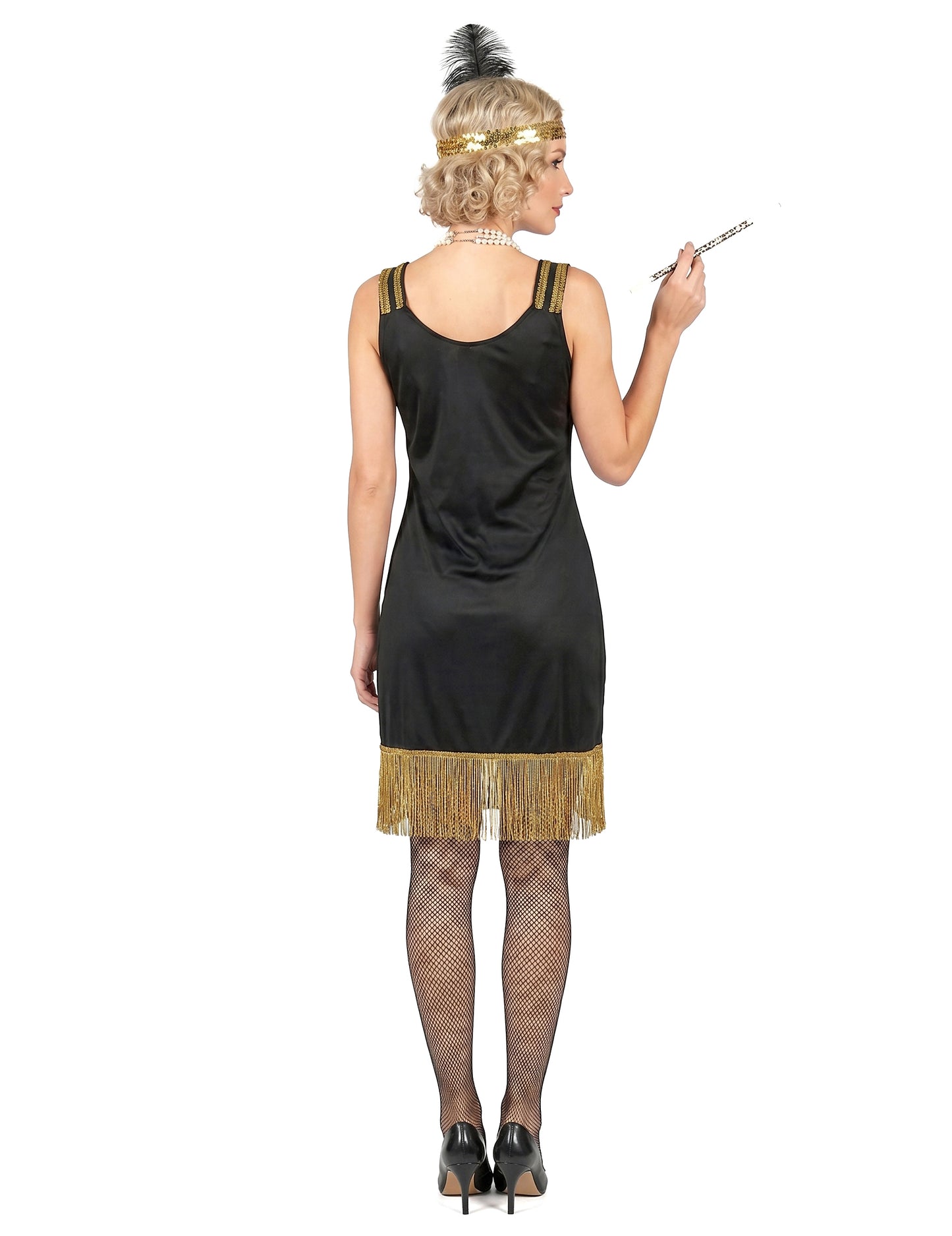 Disfarce Charleston preto e dourado com franjas mulher