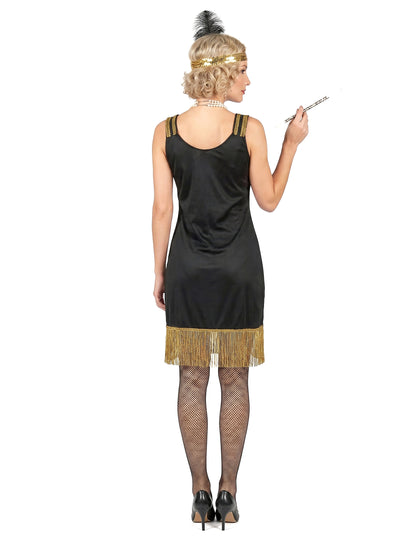 Disfarce Charleston preto e dourado com franjas mulher