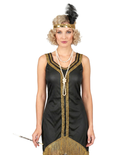 Disfarce Charleston preto e dourado com franjas mulher