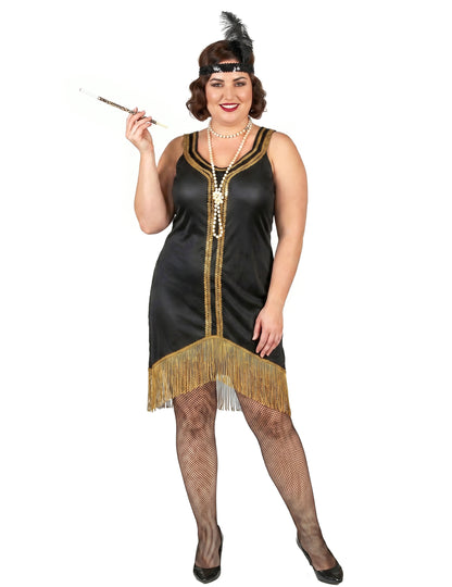 Disfarce Charleston preto e dourado com franjas mulher