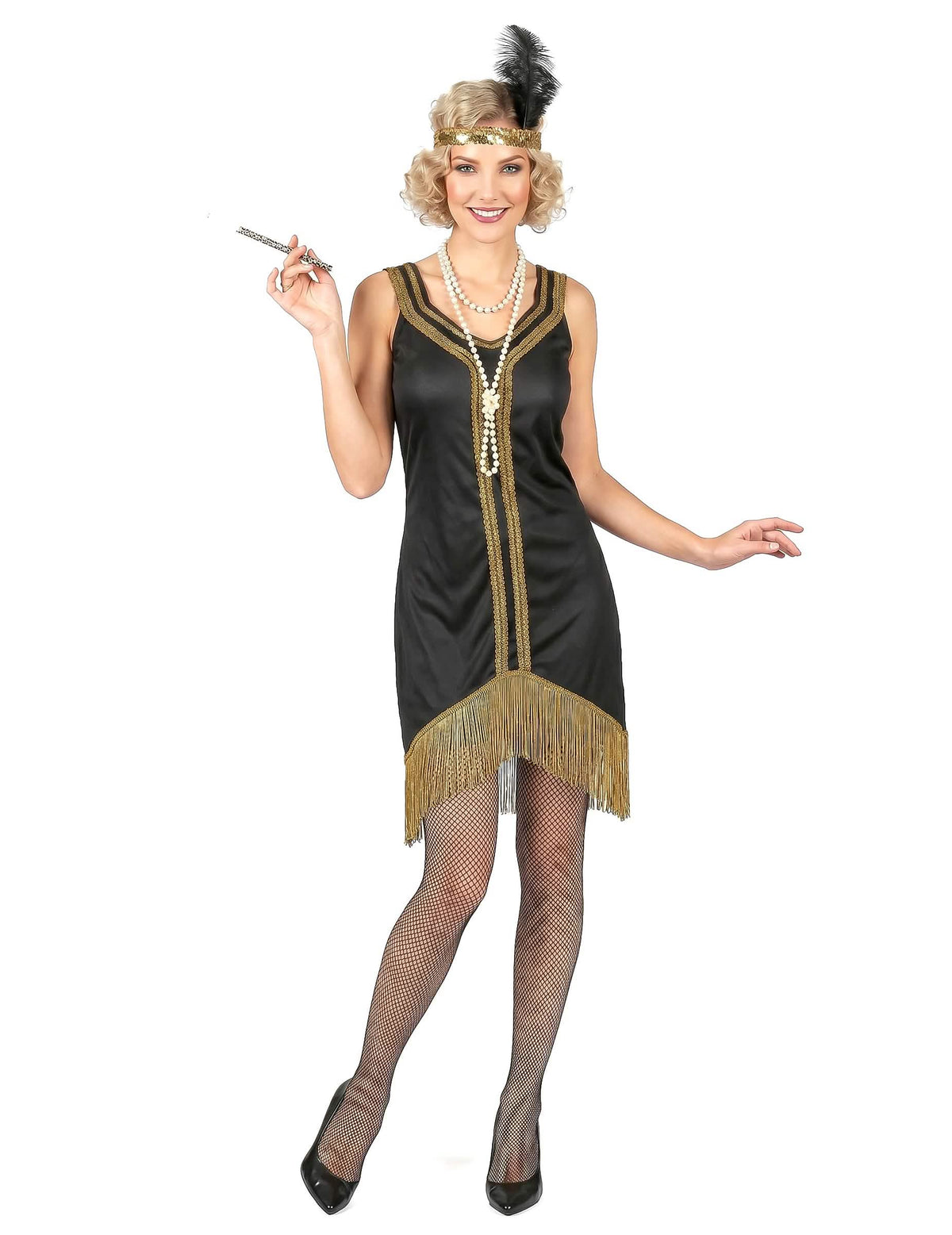 Disfarce Charleston preto e dourado com franjas mulher