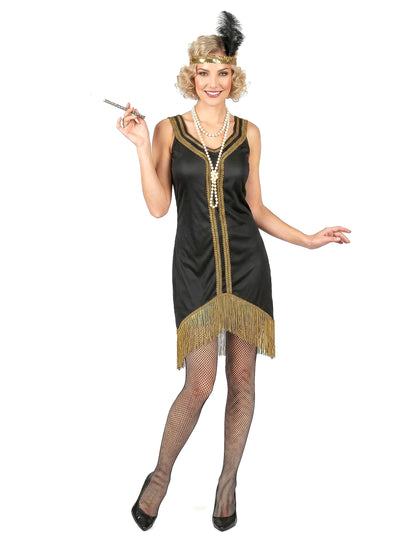 Disfarce Charleston preto e dourado com franjas mulher
