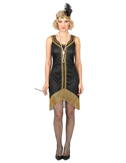 Disfarce Charleston preto e dourado com franjas mulher