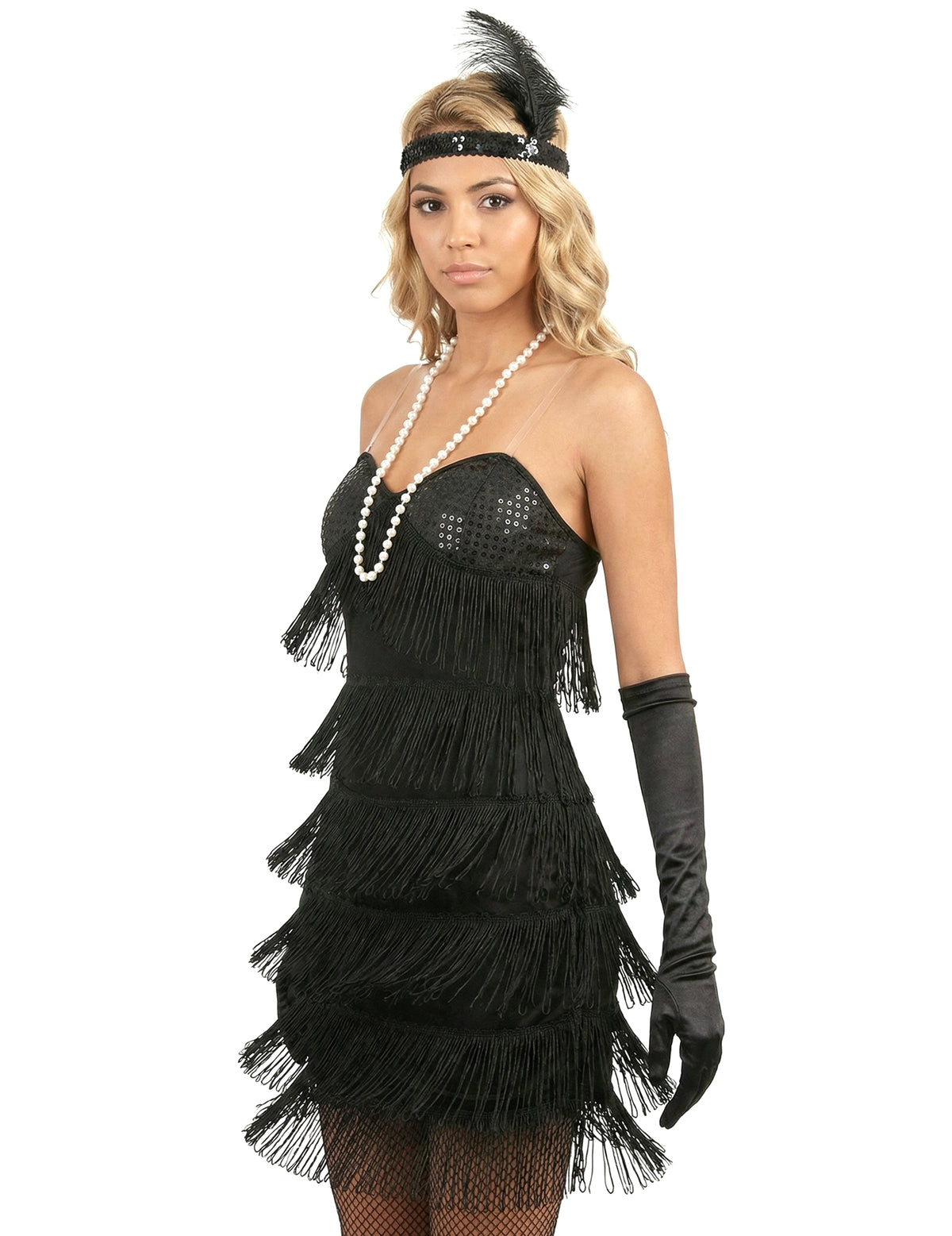 Détail du bustier à franges et des accessoires du déguisement charleston sexy