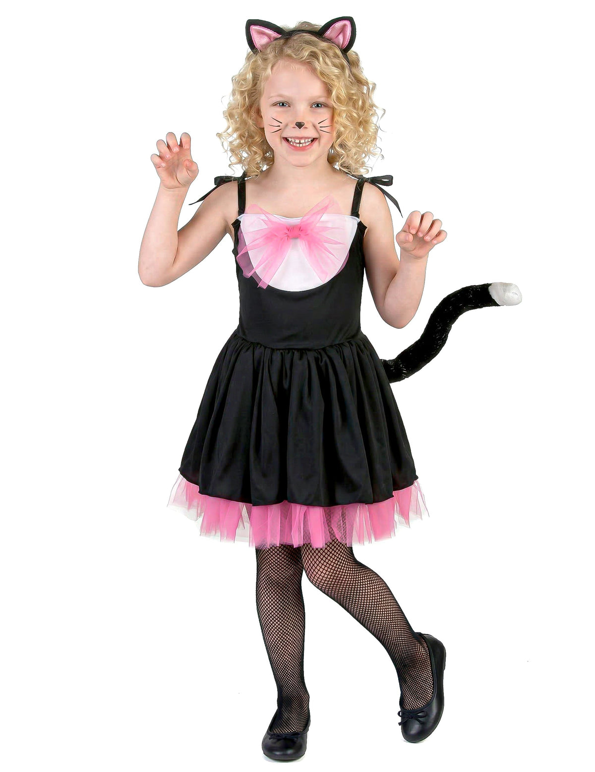 Déguisement de chat pour fille noir et rose avec serre-tête et queue