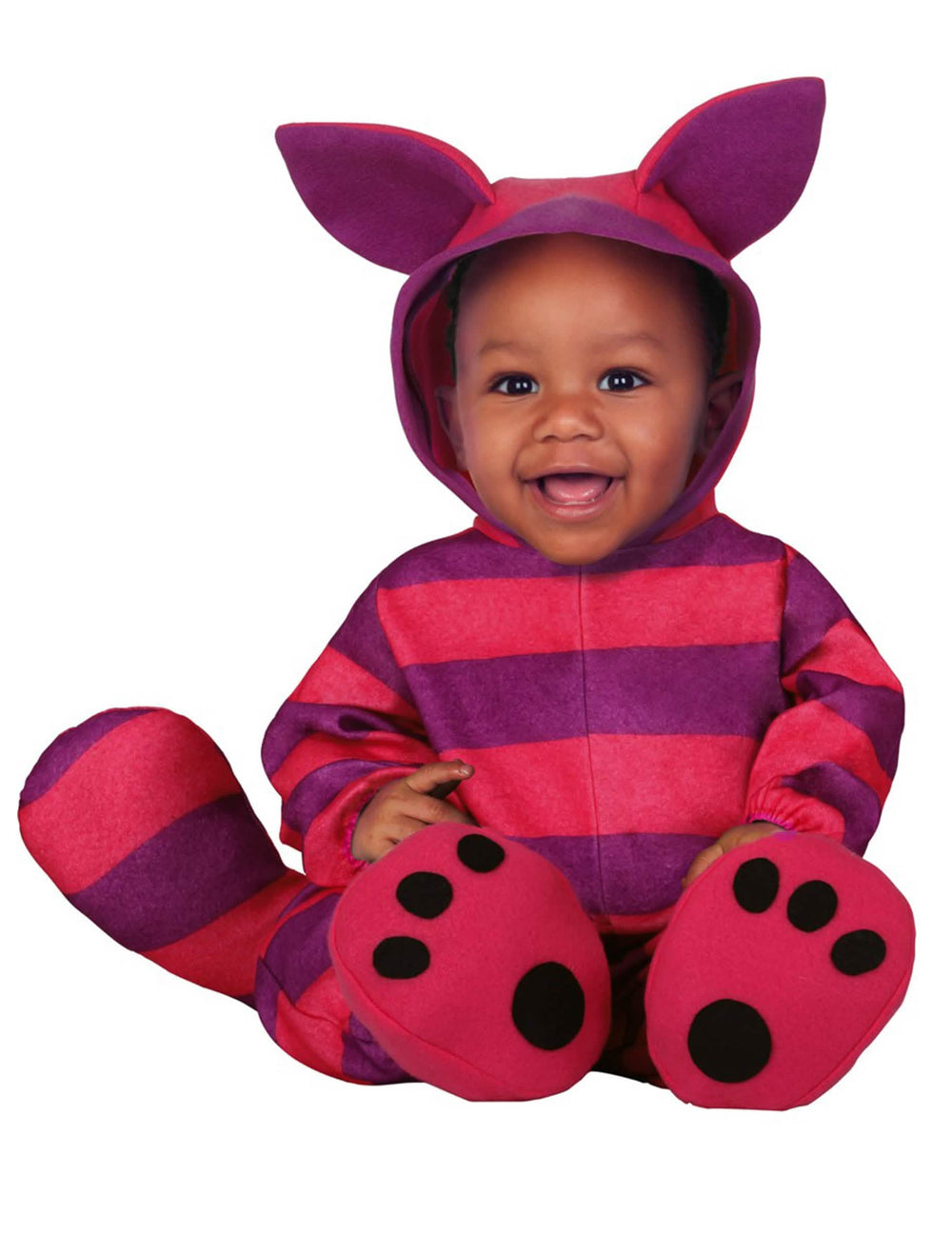 Fato de gato às riscas para bebé cor de rosa e roxo às riscas com orelhas e cauda