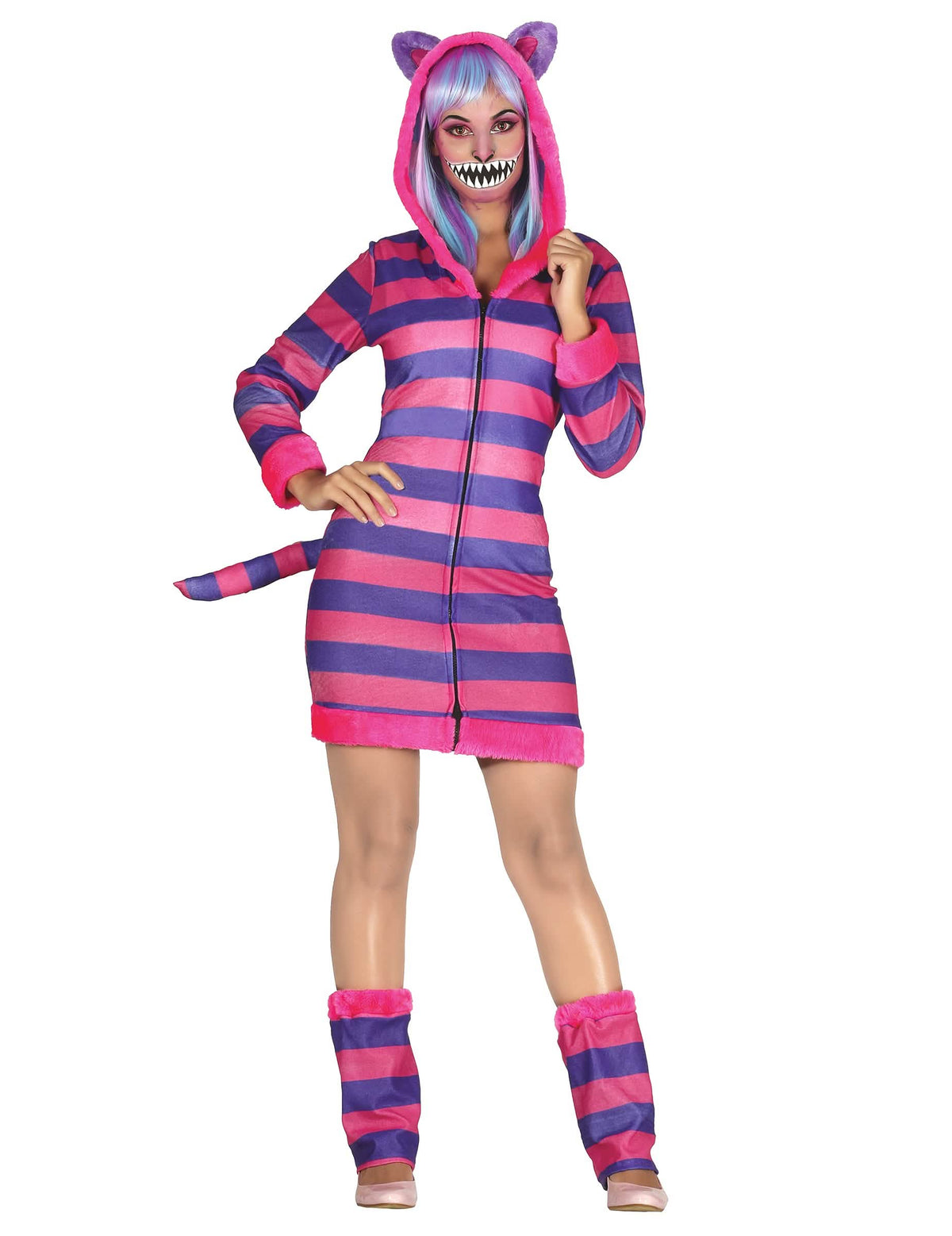Fato de gato às riscas para mulher cor de rosa e roxo com capuz e cauda