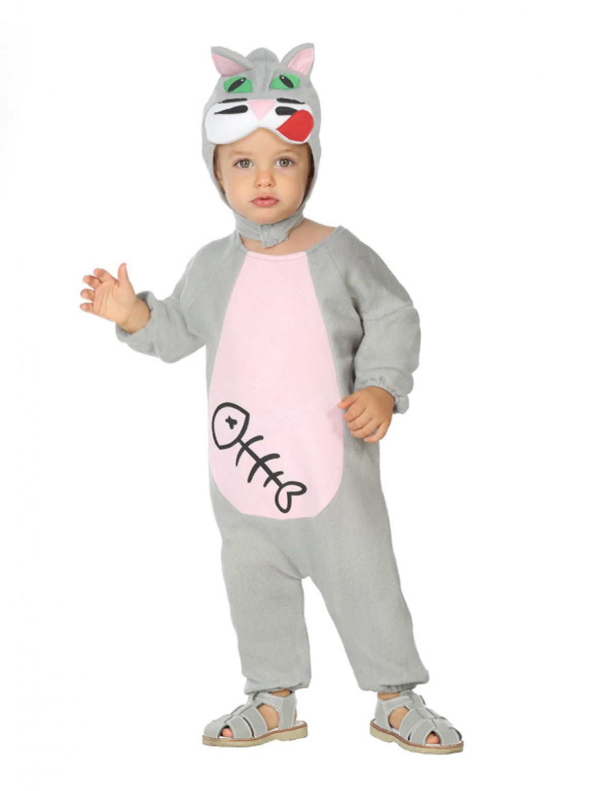 Fato de bebé de gatinho cinzento e cor de rosa com espinha de peixe