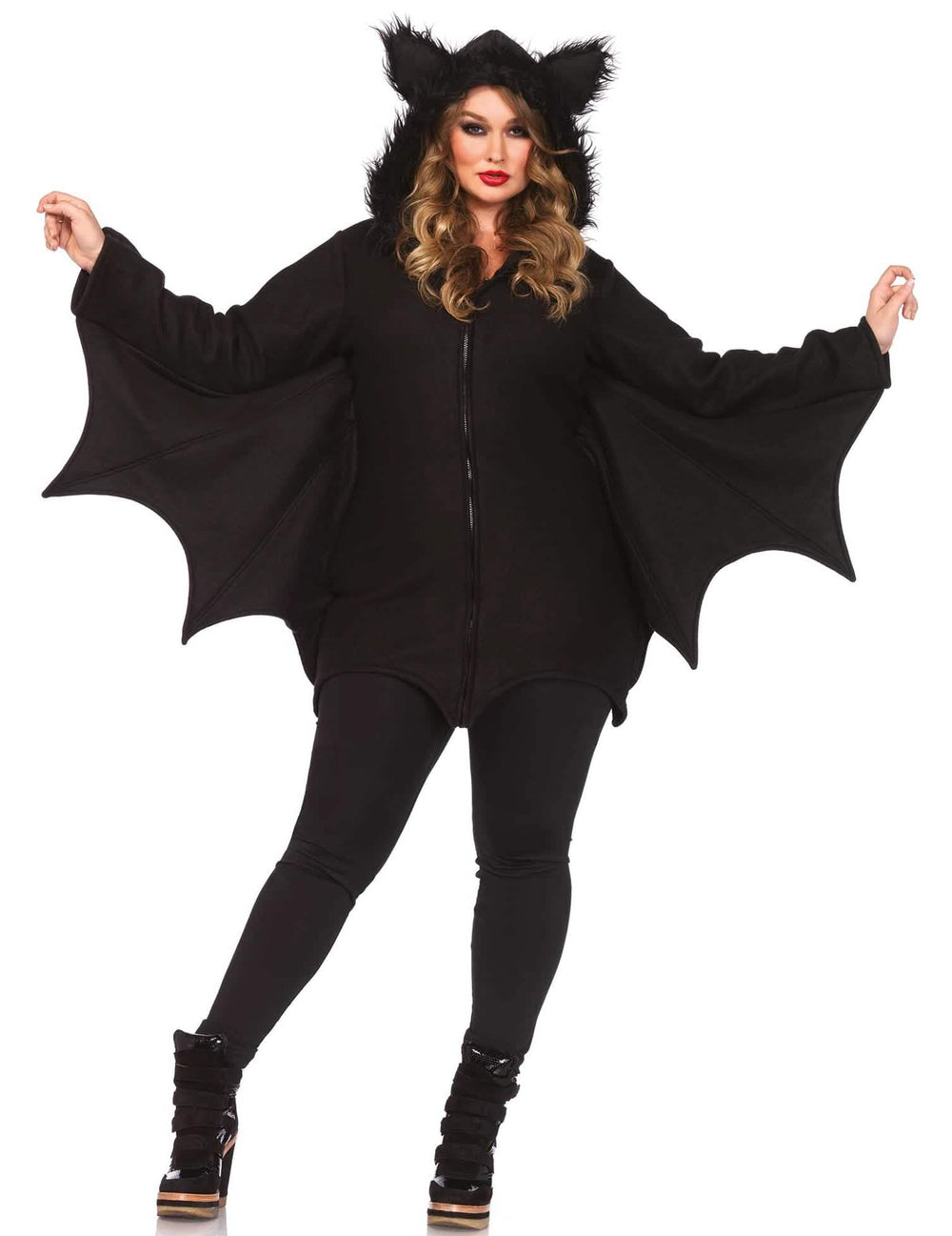 Vista frontal, asas abertas, do disfarce de halloween de morcego para mulher