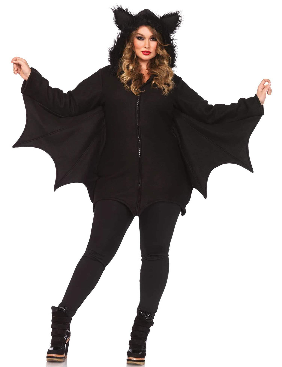 Vista frontal, asas abertas, do disfarce de halloween de morcego para mulher