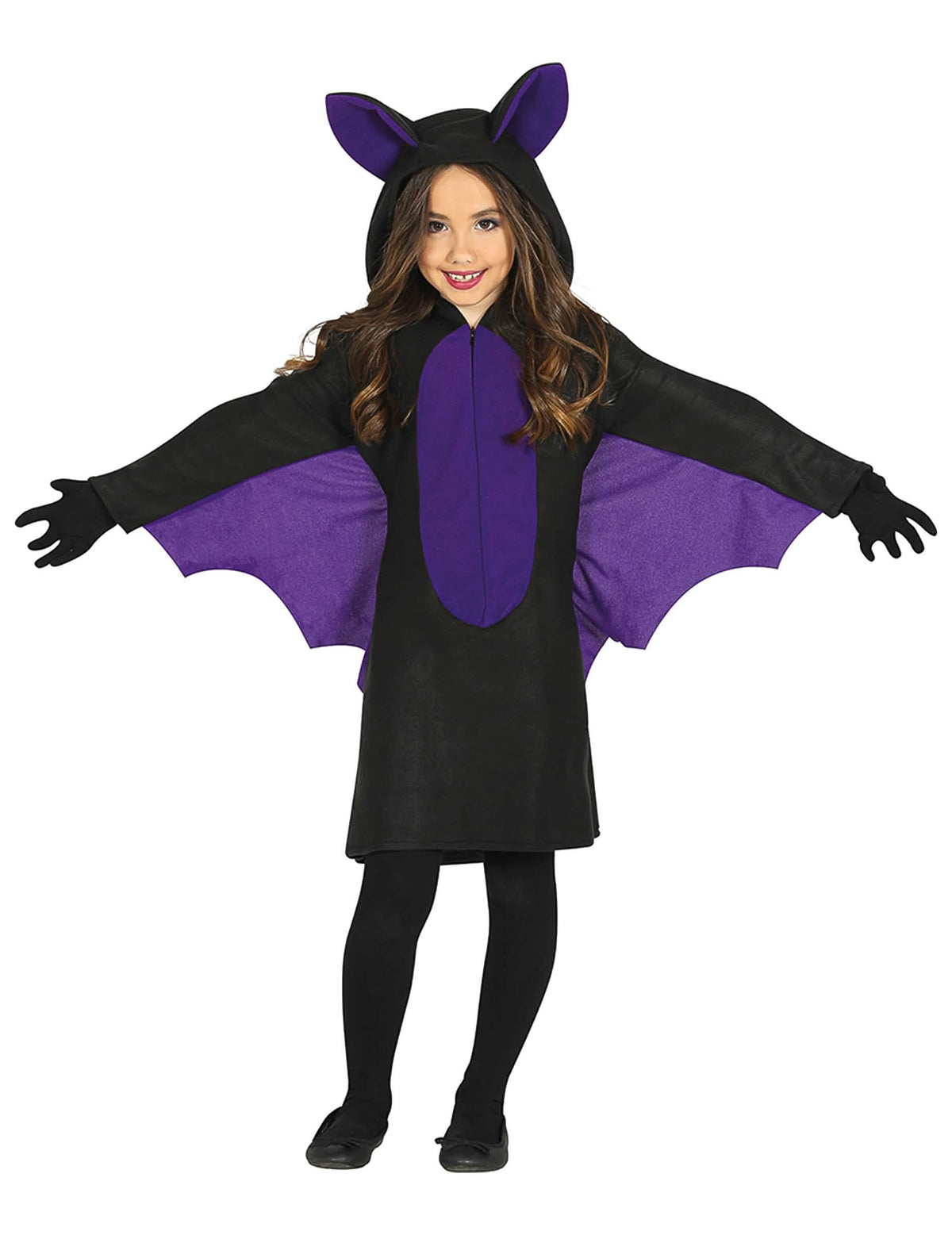Déguisement de chauve-souris pour fille noir et violet avec ailes et capuche à oreilles