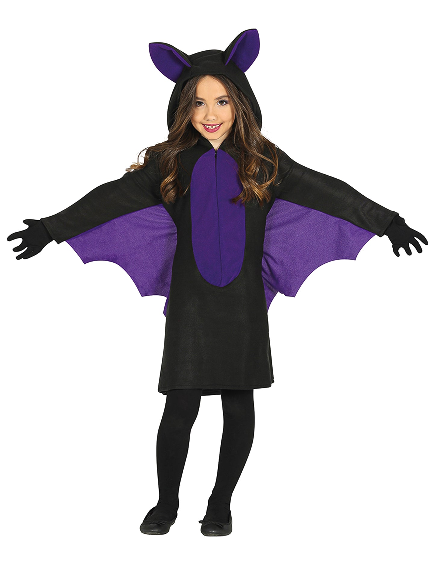 Déguisement de chauve-souris pour fille noir et violet avec ailes et capuche à oreilles