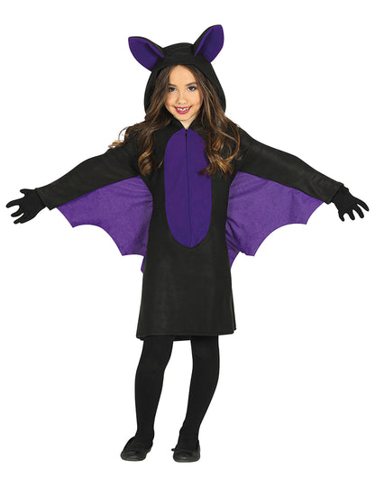 Déguisement de chauve-souris pour fille noir et violet avec ailes et capuche à oreilles