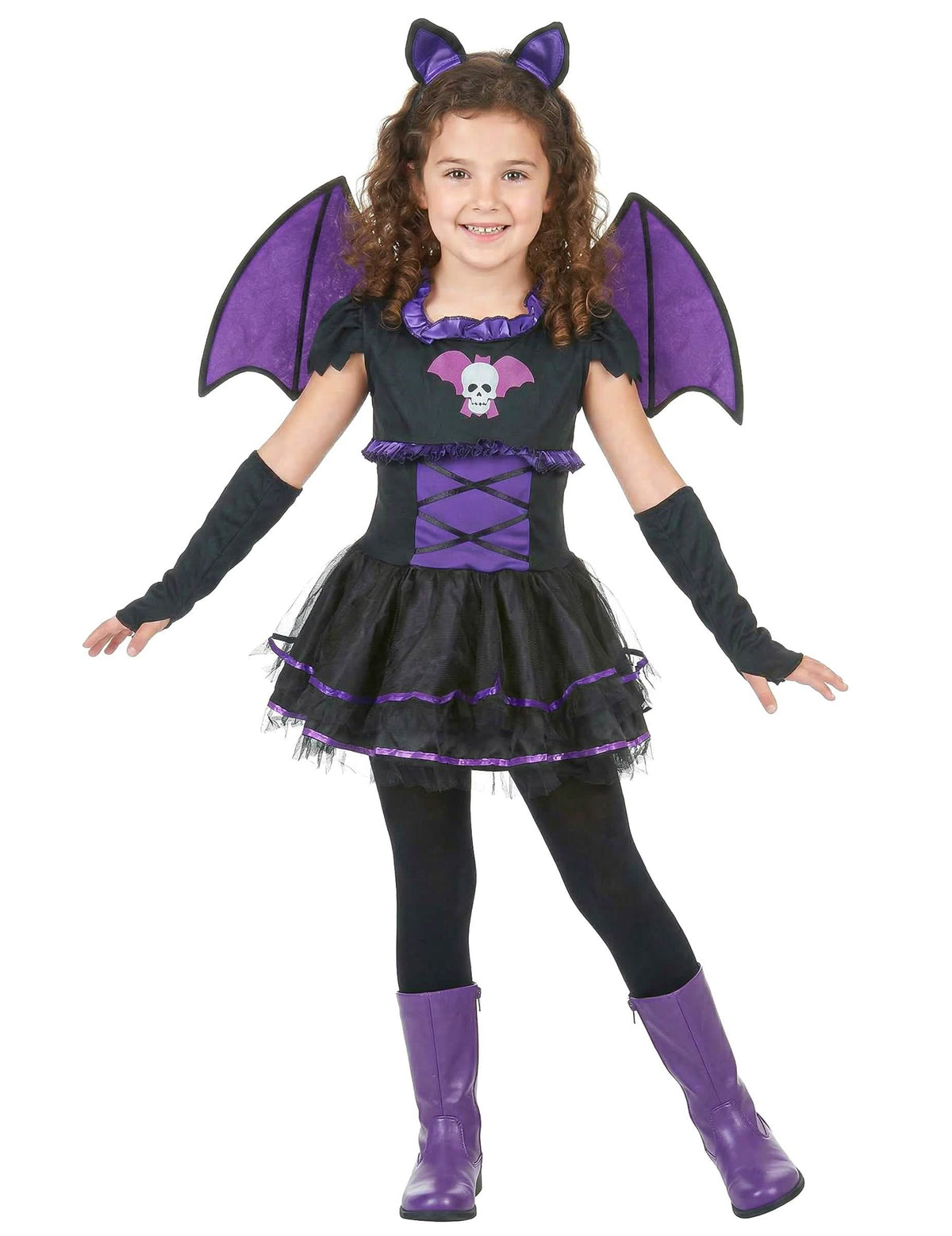 Fato de morcego para menina preto e roxo com asas e bandolete