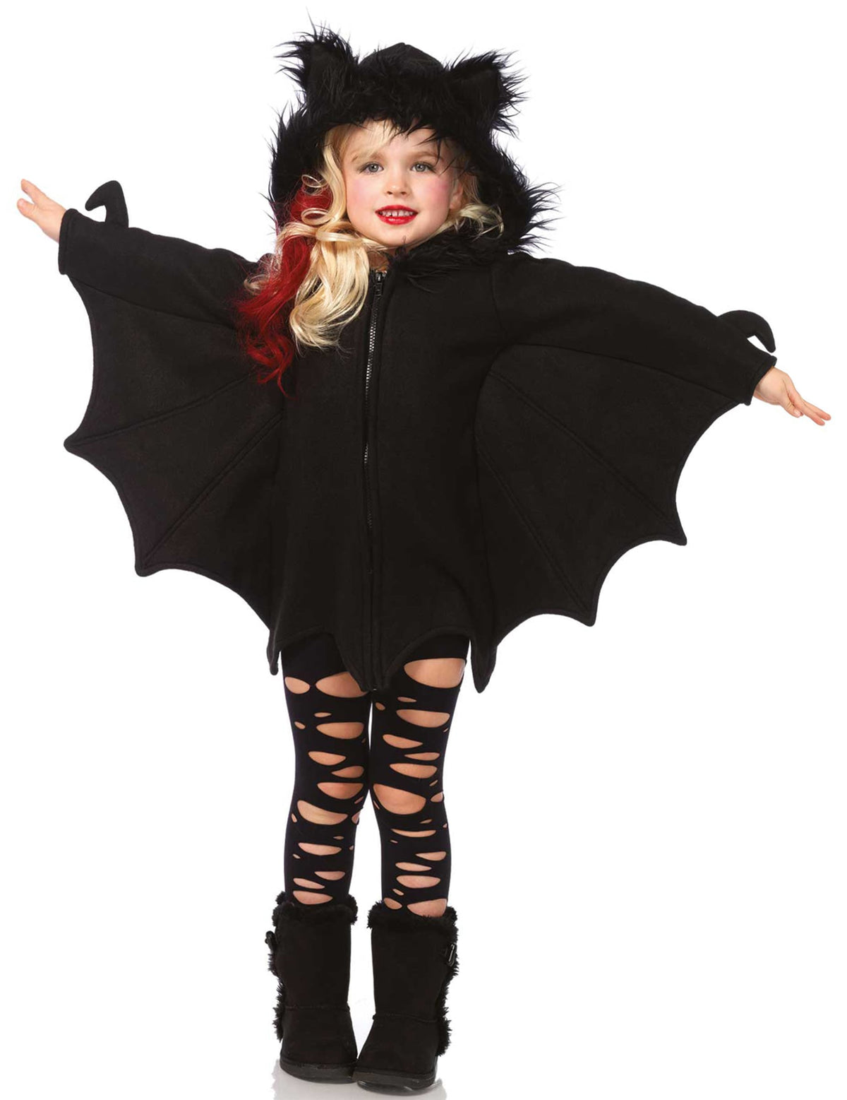 Déguisement de chauve-souris pour fille noir avec ailes et capuche à fourrure