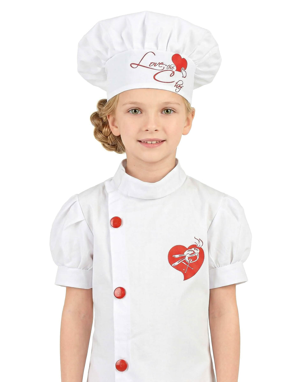 Grande plano da toque e do busto do disfarce de chefe de cozinha para menina