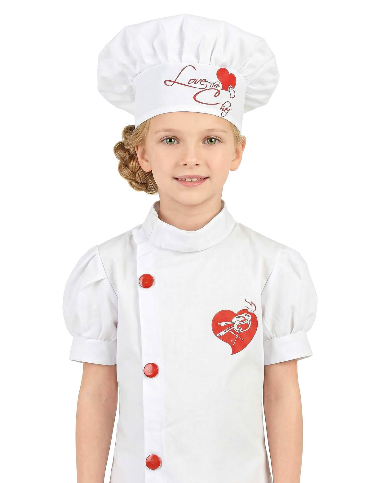 Grande plano da toque e do busto do disfarce de chefe de cozinha para menina