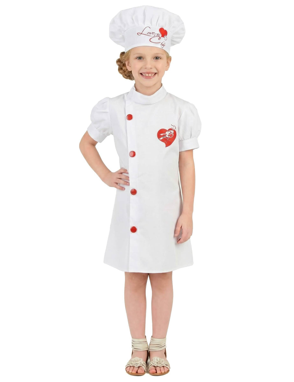 Fato de chef de cozinha para menina branco com corações vermelhos e toque
