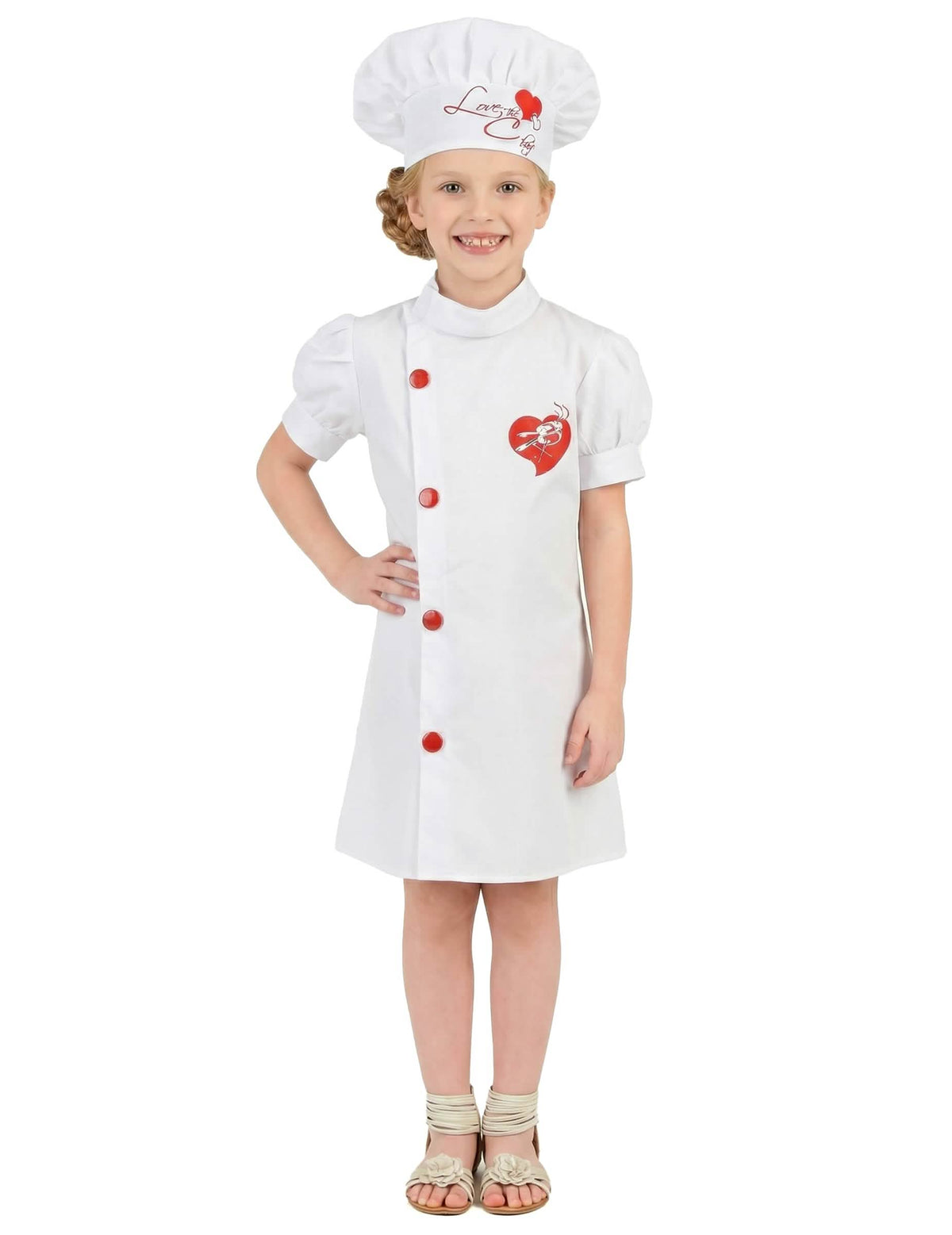 Fato de chef de cozinha para menina branco com corações vermelhos e toque