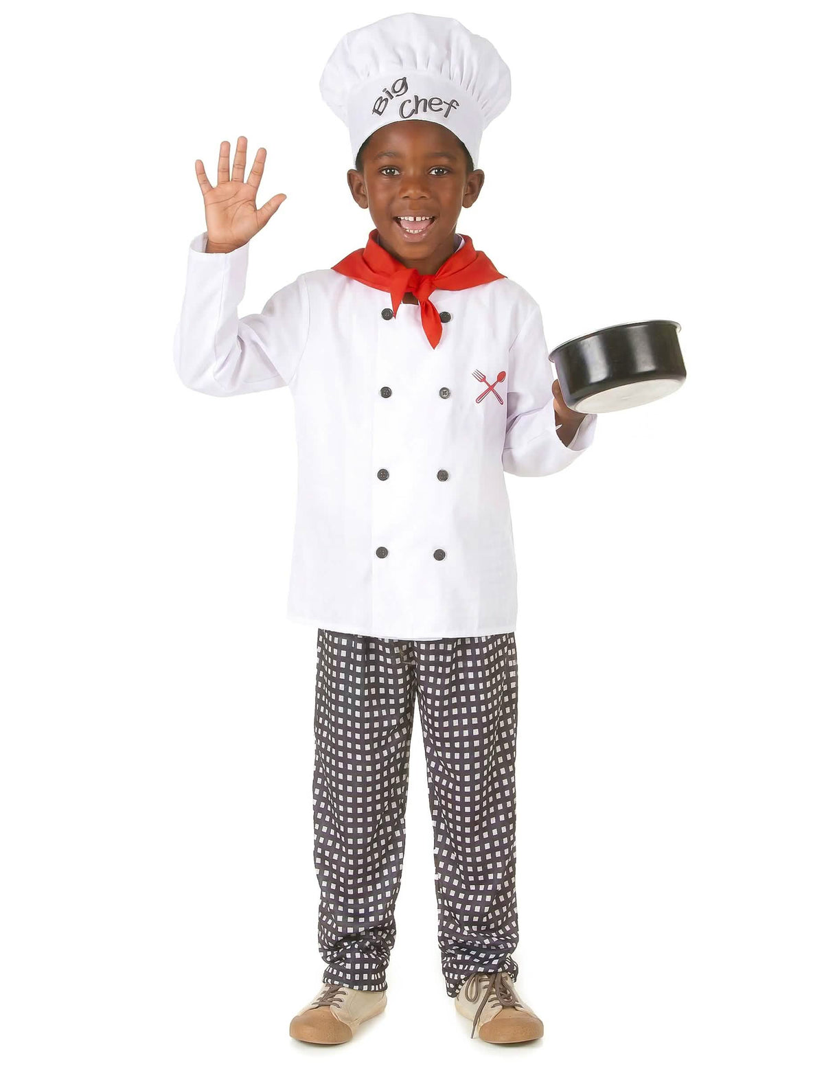 Fato de cozinheiro para menino branco e vermelho com toque e calças aos quadrados
