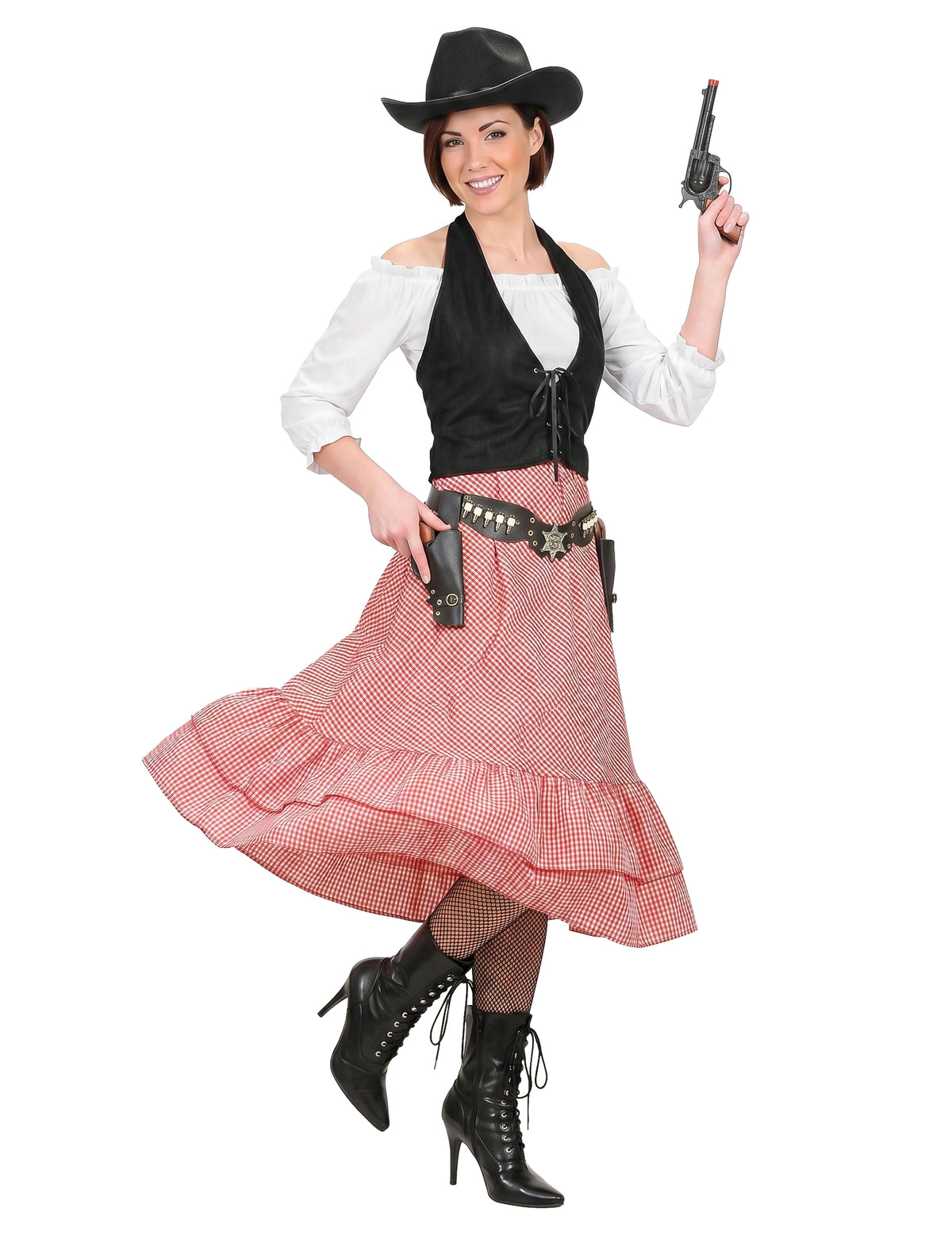 Déguisement chef du far west pour femme avec jupe à carreaux rouge et gilet noir