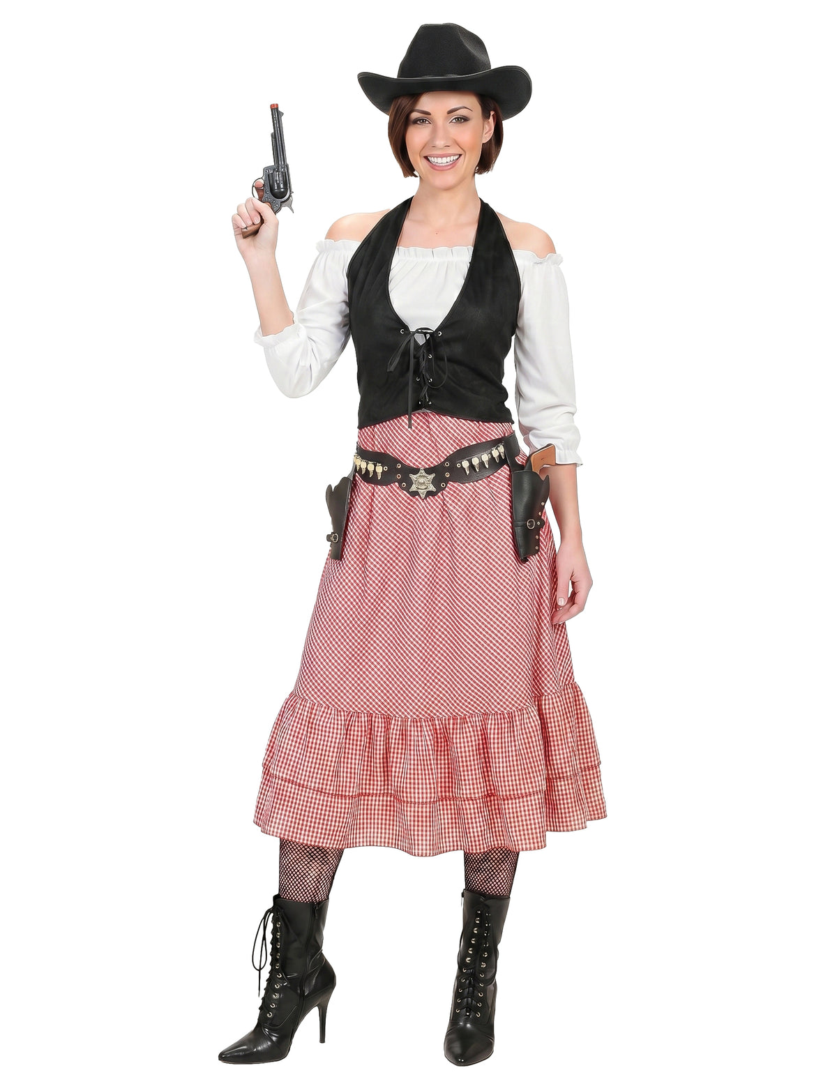 Pistolet factice tenu à la main du déguisement chef du far west pour femme