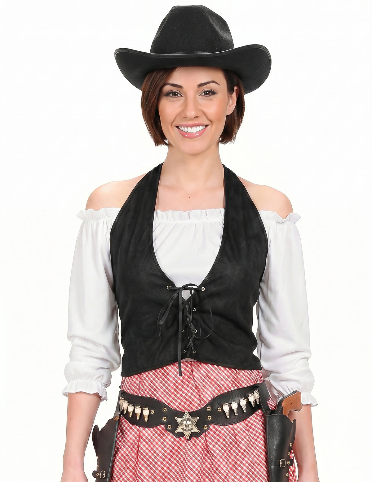 Détail du gilet à lacets et du chapeau du déguisement chef du far west pour femme