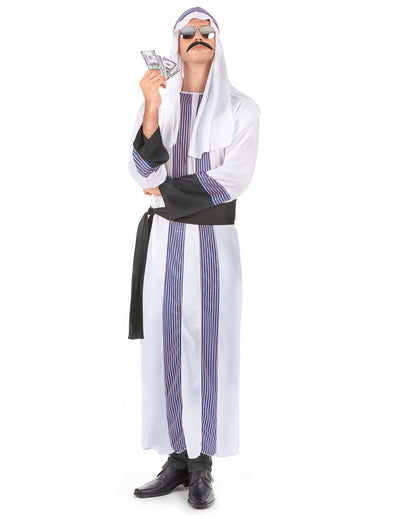 Déguisement de cheikh arabe pour homme blanc à rayures bleues et rouges